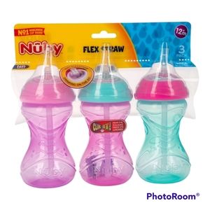 Nuby 3 Piece No-Spill Easy Grip Cup with Flex Straw, Clik It Lock Feature, Girl,
